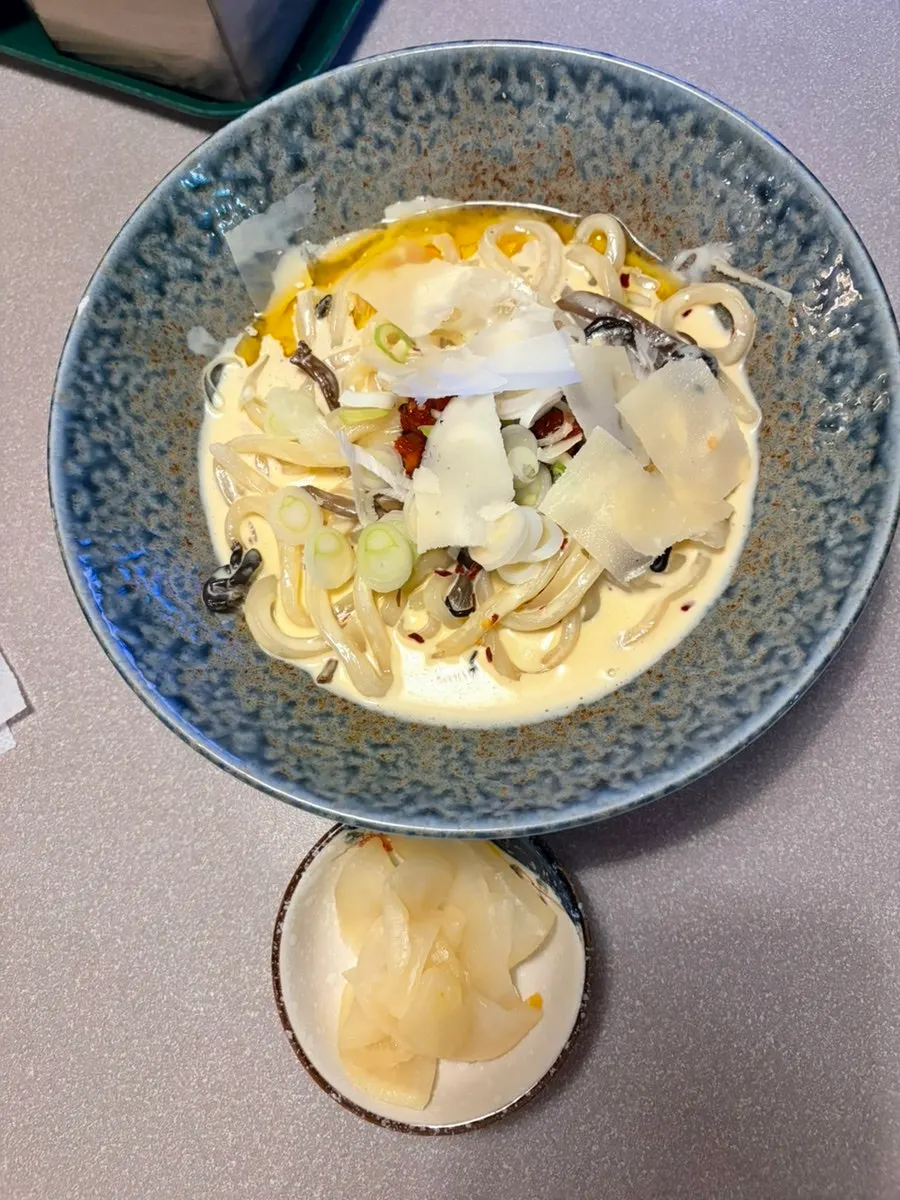 Kitsuki's perilla cream udon topped with truffle oil