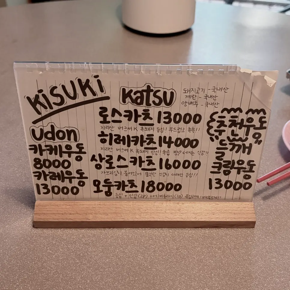 Menu board listing tonkatsu and side dishes
