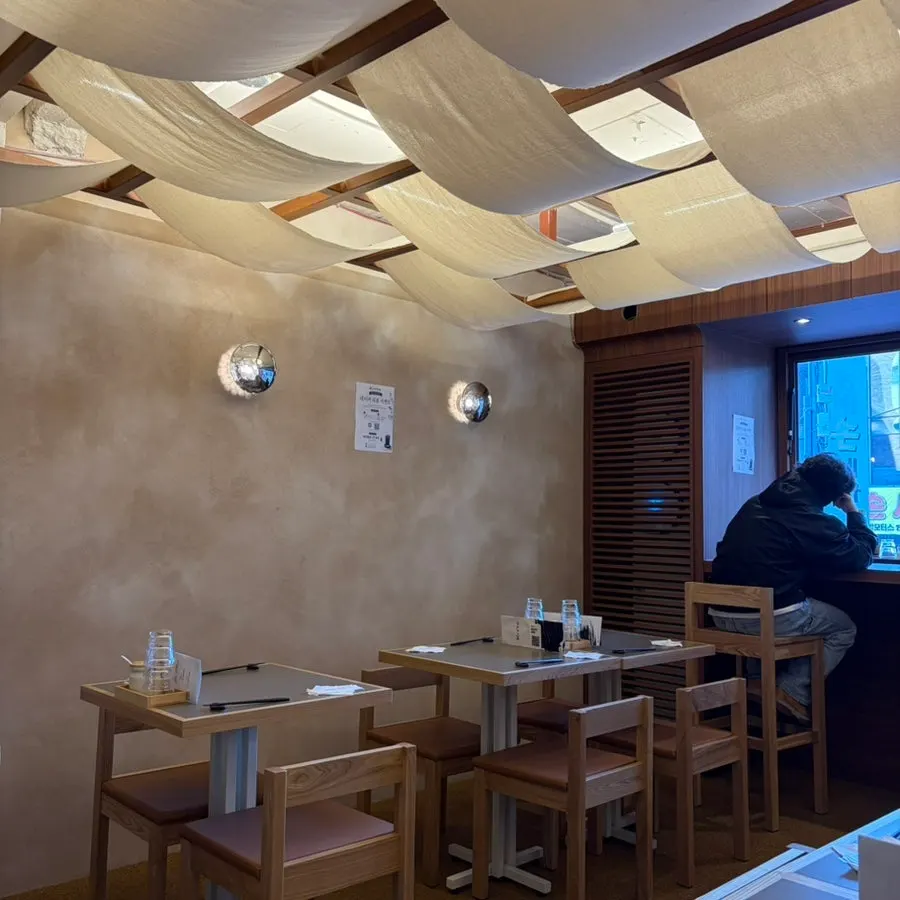 Window bar seats next to the floor-to-ceiling glass