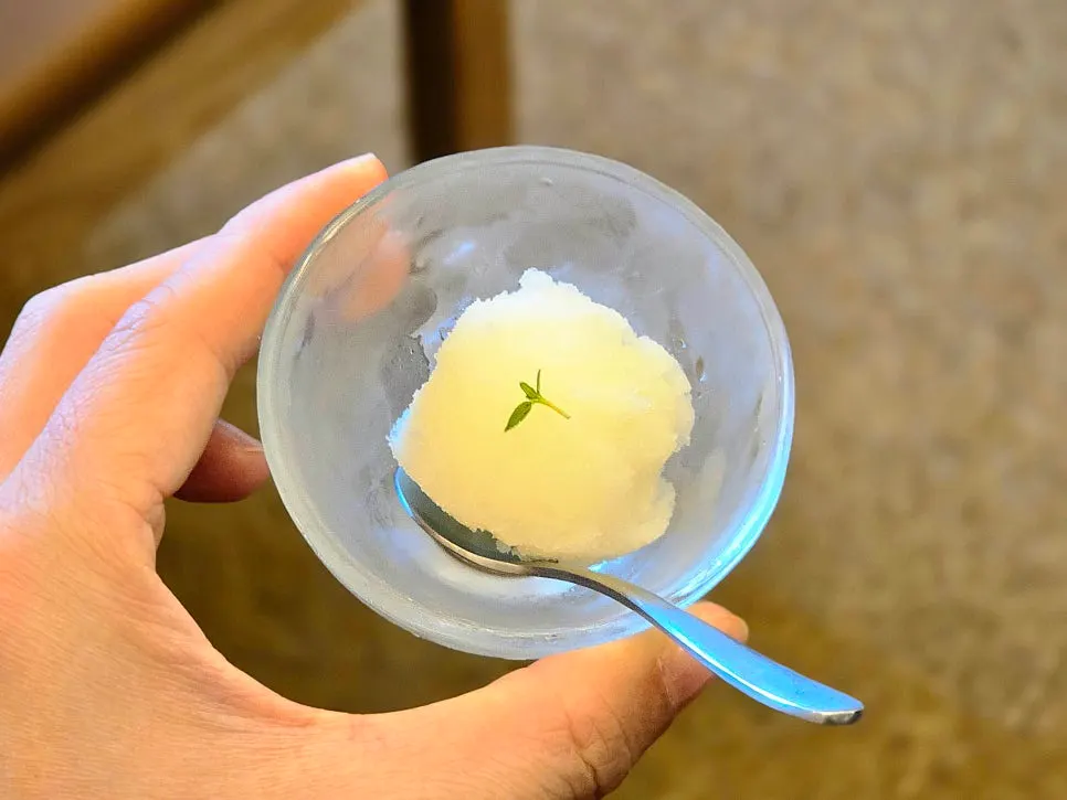 House-made lemon sherbet served after the meal at Kitto