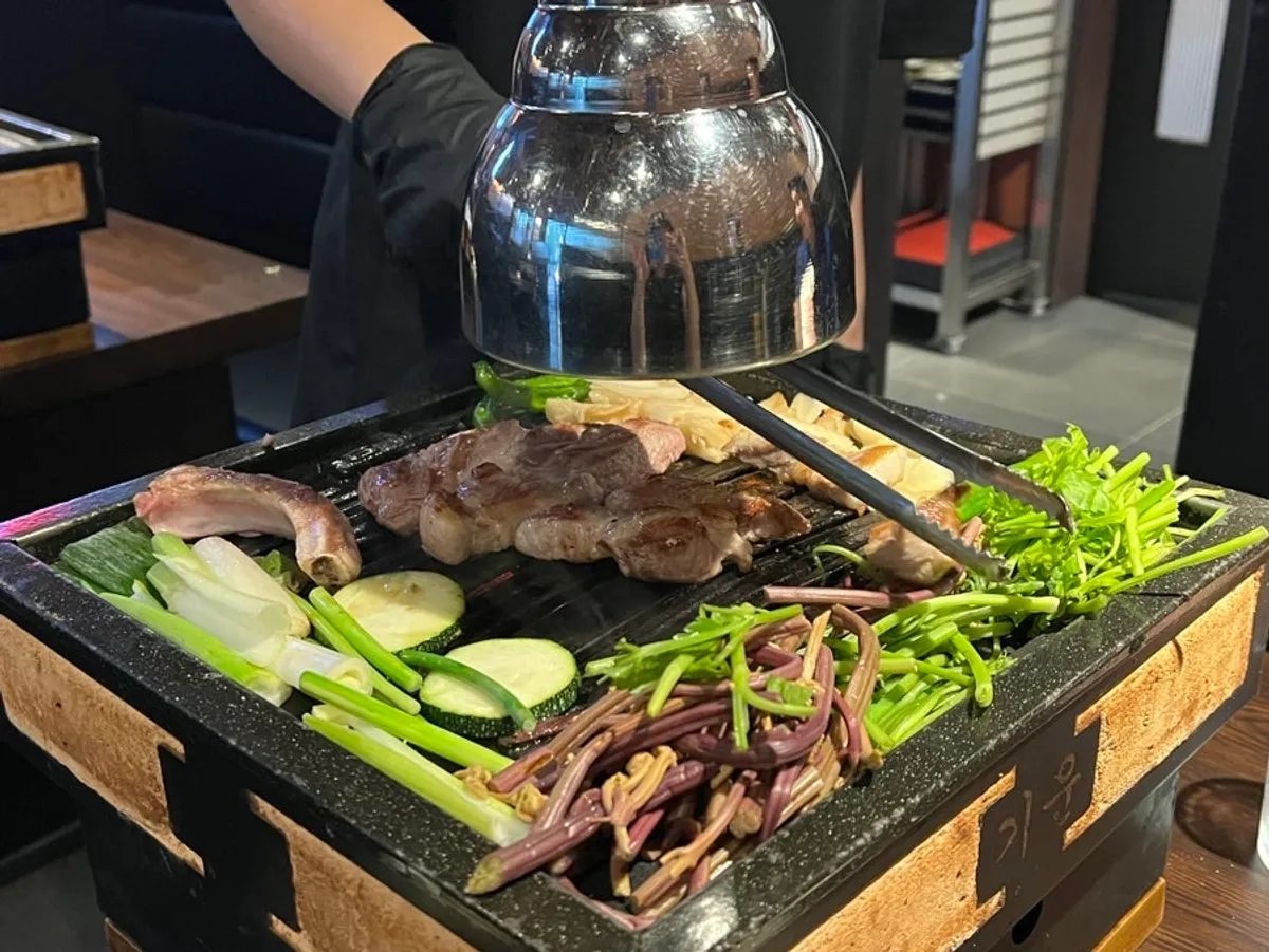 Close-up of bone-in aged galbi samgyeopsal