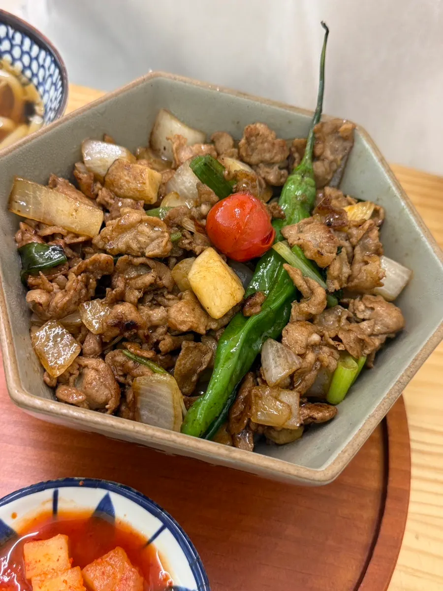 Close-up of the meat-loaded rice bowl piled with toppings