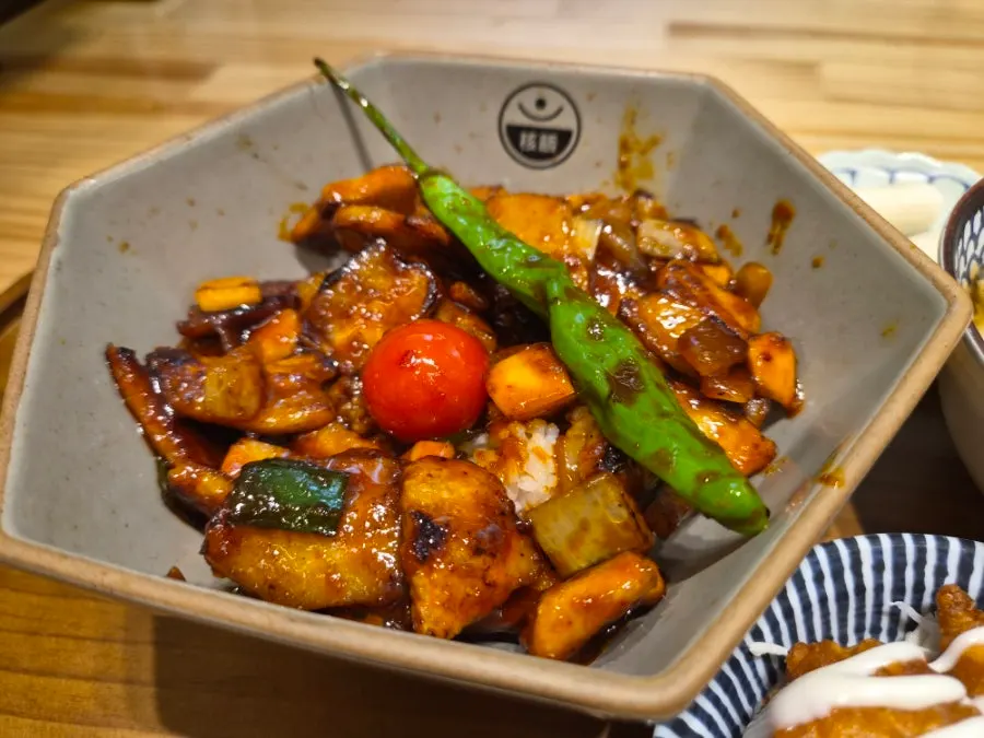 Karaage served with the pork jowl rice bowl