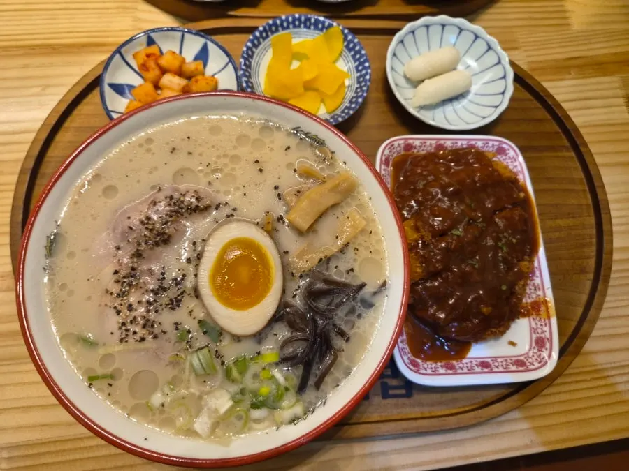 Full spread of the tonkotsu ramen tonkatsu set