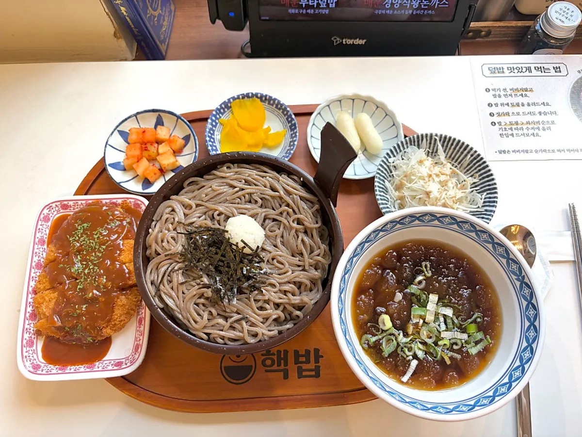 한 그릇에 세팅된 자루소바 돈카츠 정식