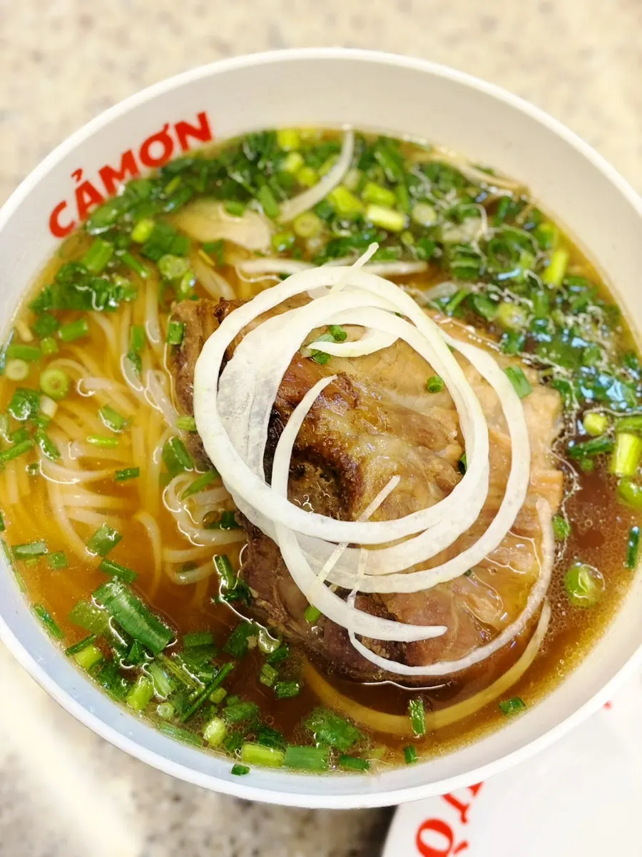 Broth and noodles of the pork backbone pho