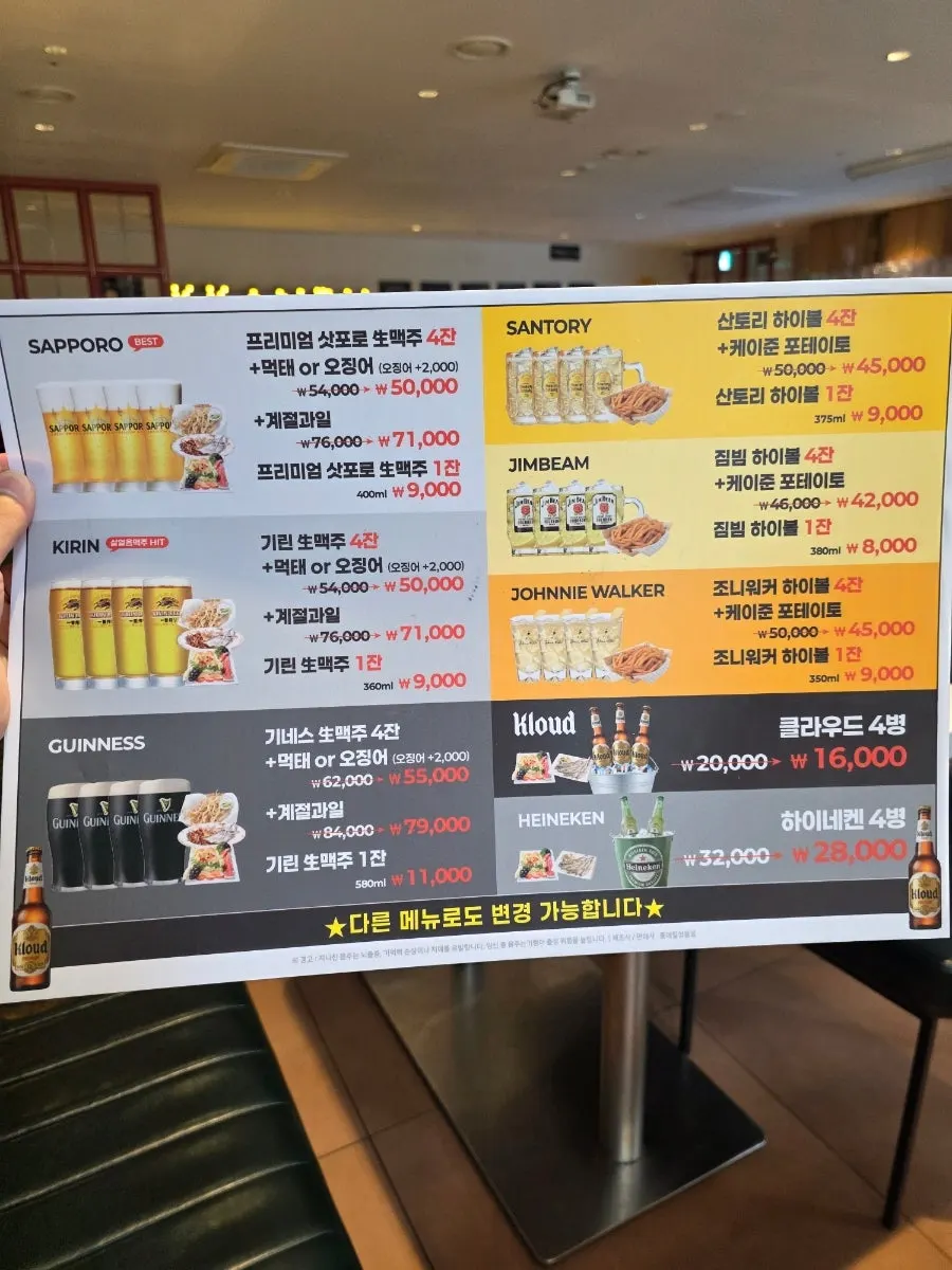 Menu board listing snack and draft beer prices