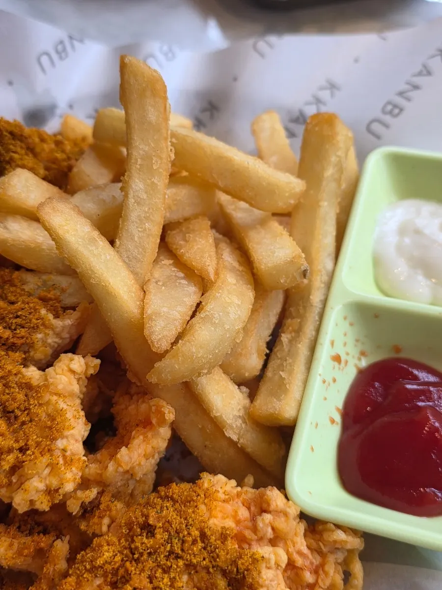 Fries served alongside the boneless chicken