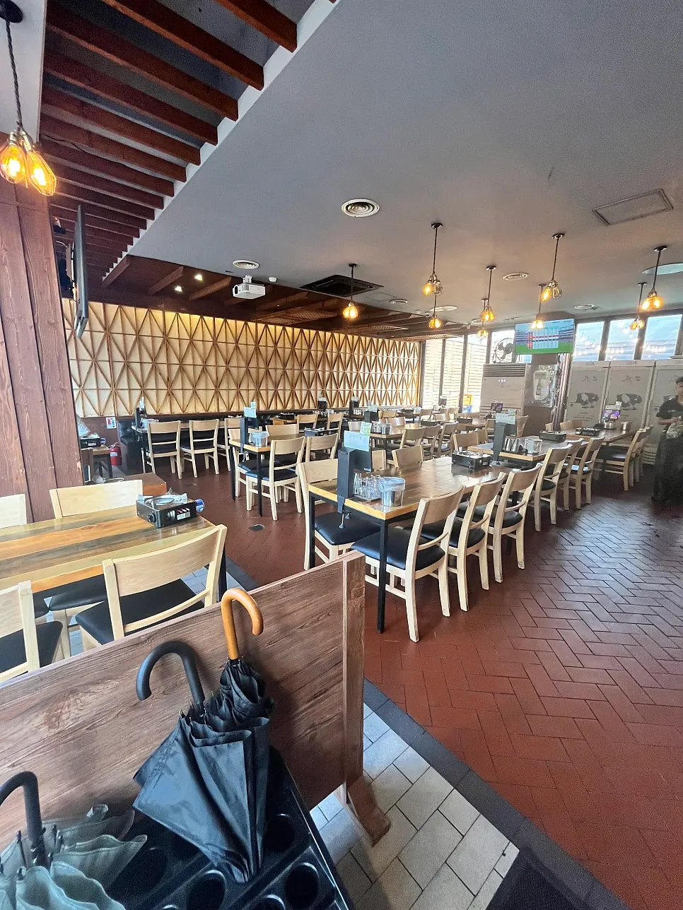 Dining room seating with a screen installed
