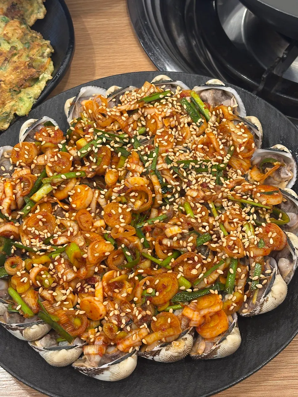 Cockle pancake dipped in onion soy sauce