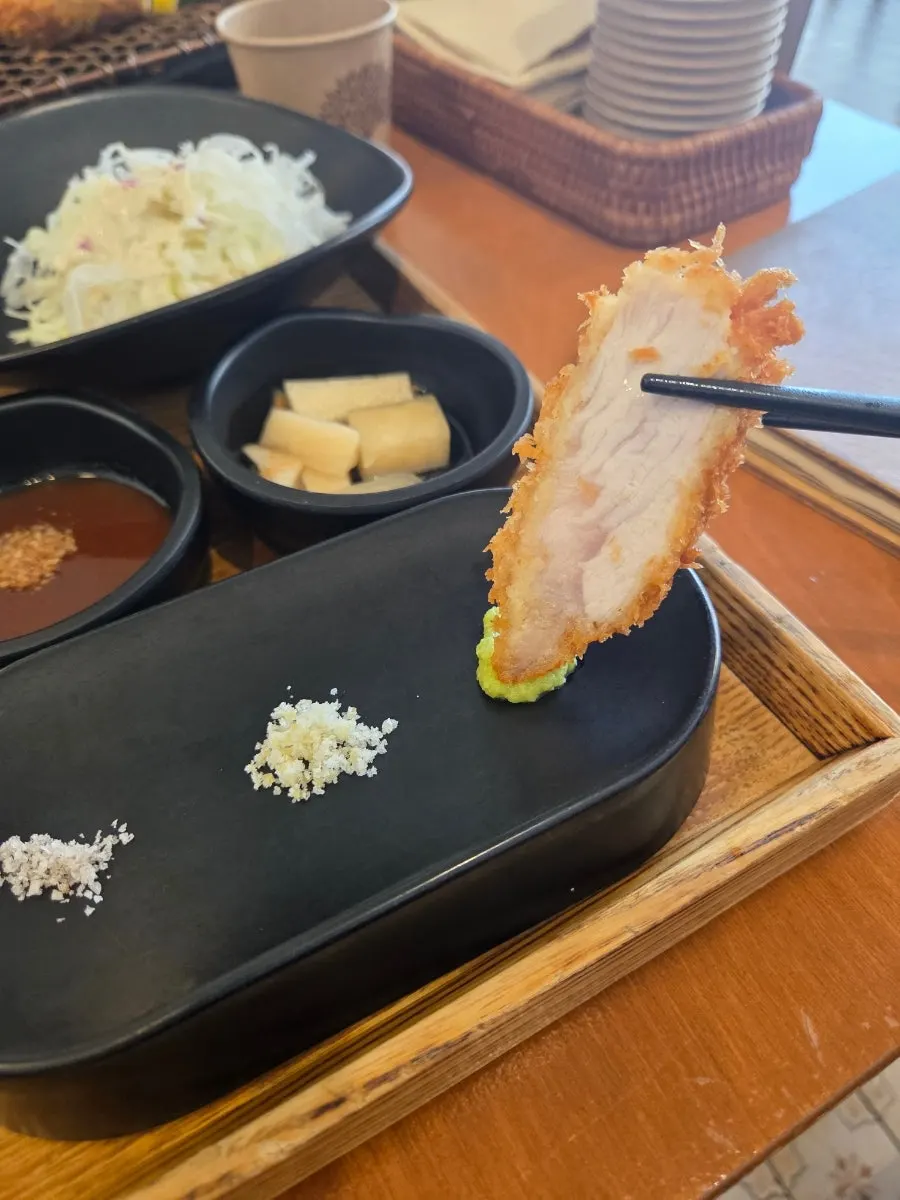 Cross-section of loin cutlet showing the breading