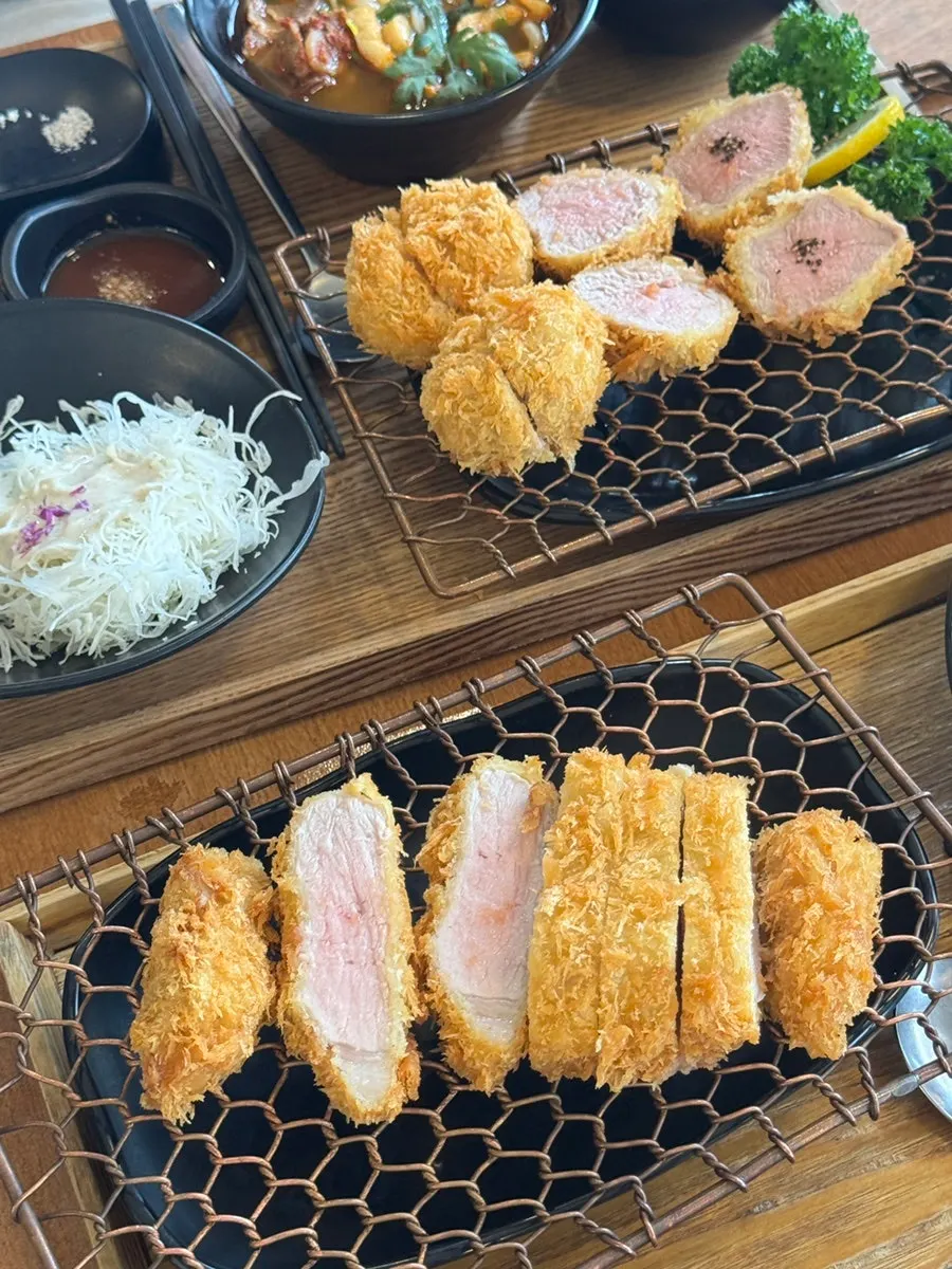 Kkot Gatsu Set and loin cutlet spread on the table