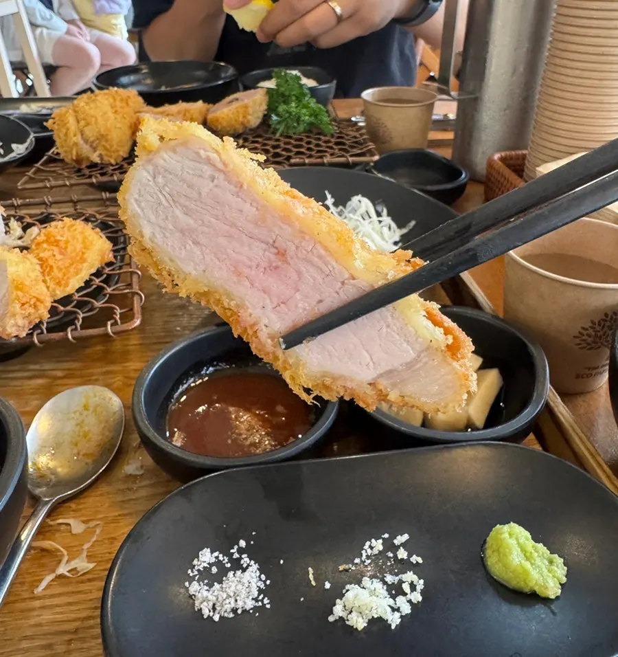 Tonkatsu sauce, cumin salt, lemon salt, and wasabi accompaniments