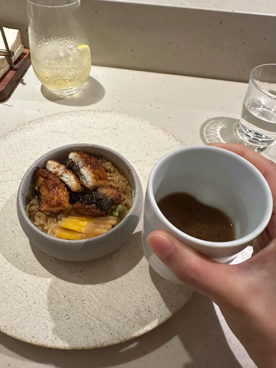 Eel donburi served with melon pickles