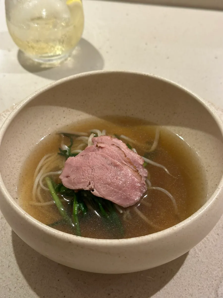 Duxelles mushroom duck soup with goto udon noodles