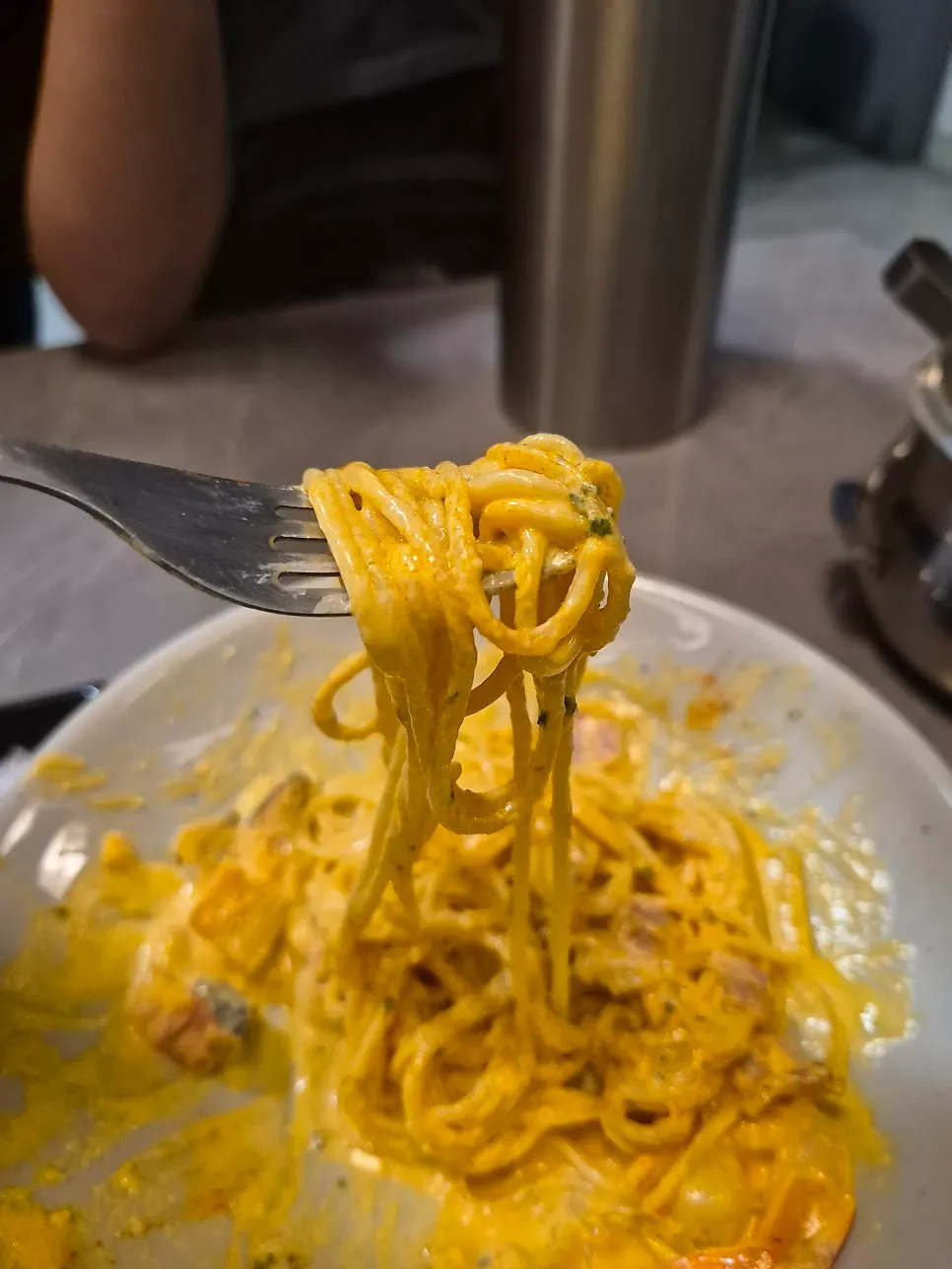 Spicy cream pasta with egg yolk mixed in