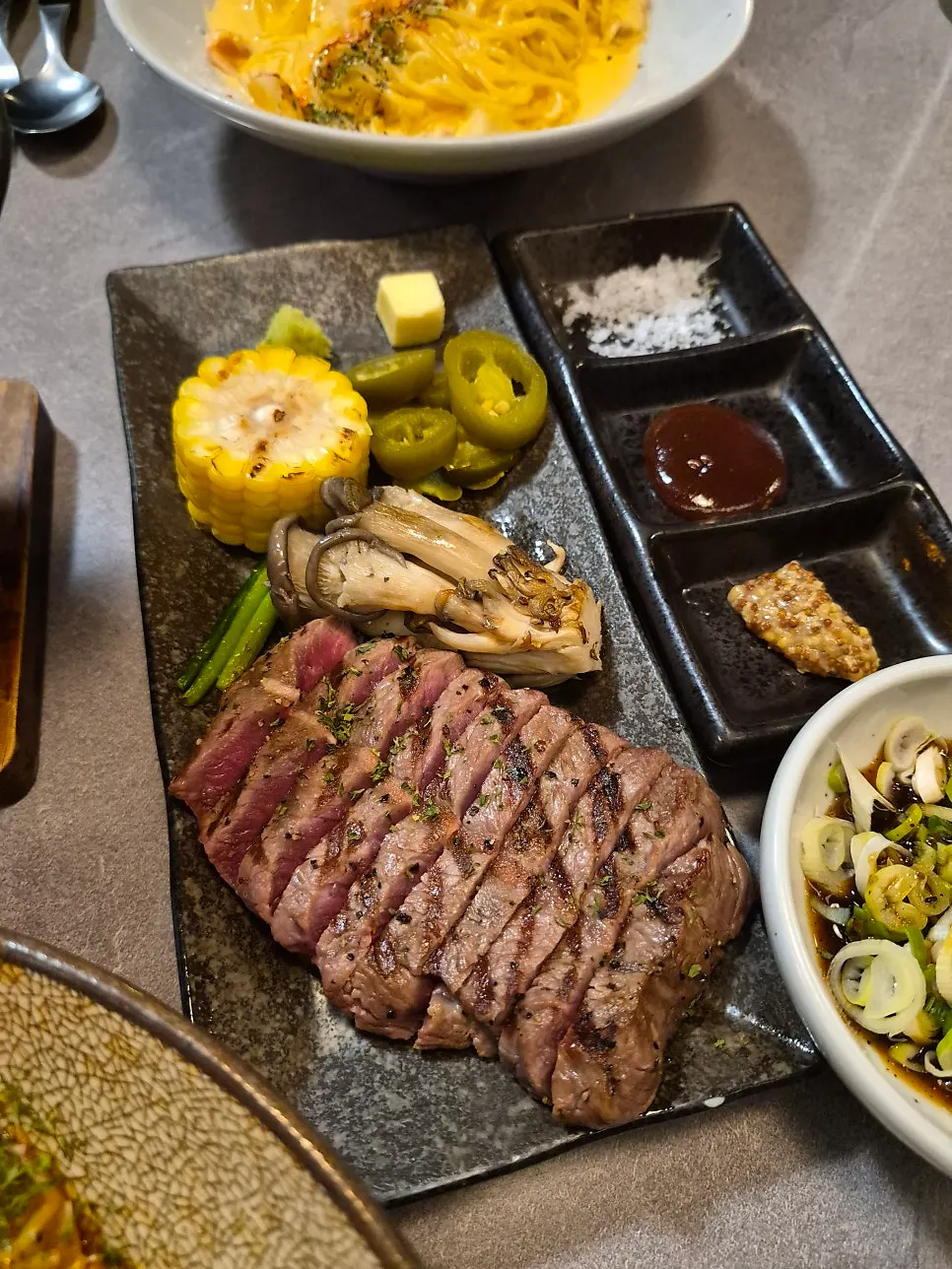 Premium chuck flap steak served with 3 sauces