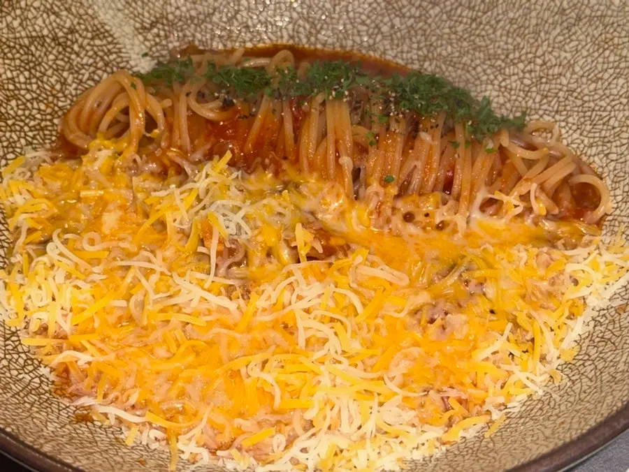 Cheese meat pasta piled high with cheese