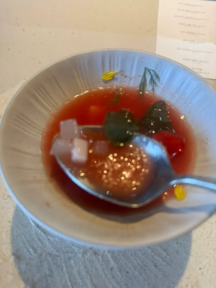 Watermelon gazpacho bowl viewed from above