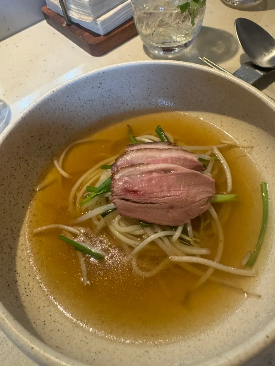 Final savory dish, neungi mushroom duck soup noodles