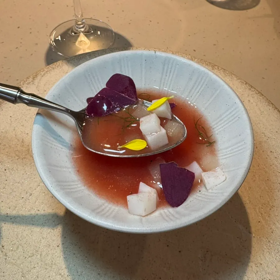 Watermelon gazpacho made with watermelon, squid, and Korean melon
