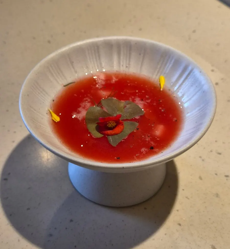 Close-up of watermelon gazpacho with squid and melon cubes