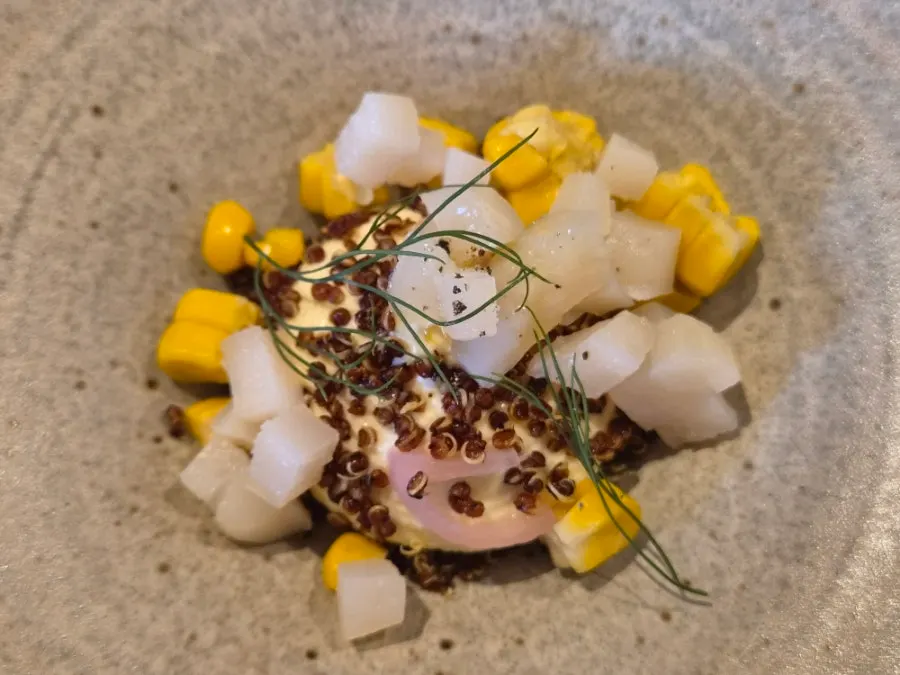 Sweet corn custard with roasted quinoa texture added