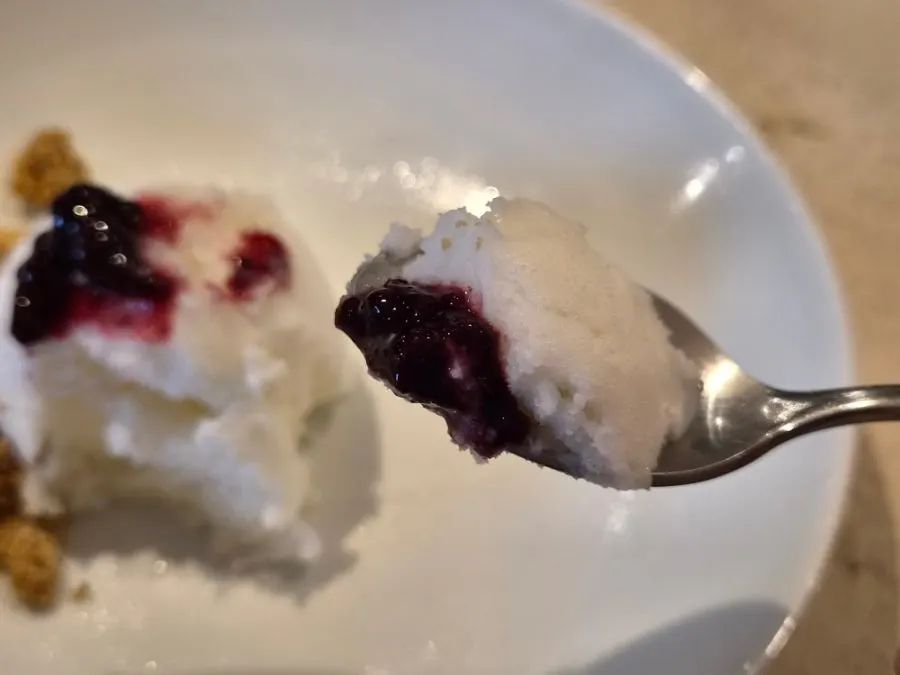 Yogurt sorbet dessert topped with crumble