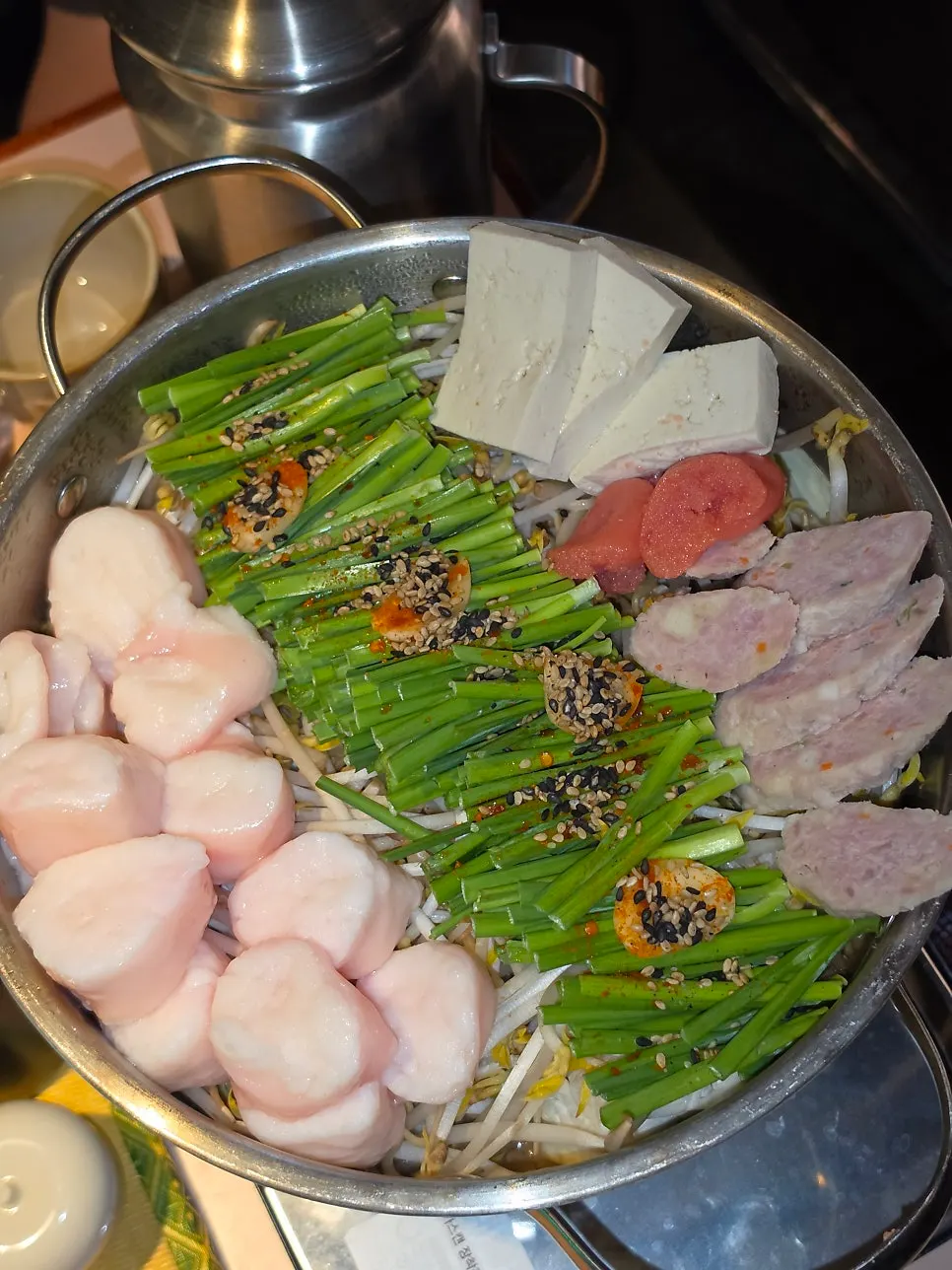 Motsunabe pot loaded with beef intestine and chives