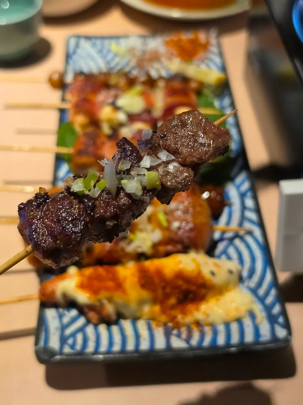 Close-up of grilled yakitori skewers