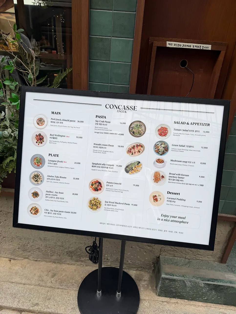 Menu board at the entrance of Concasse Anguk