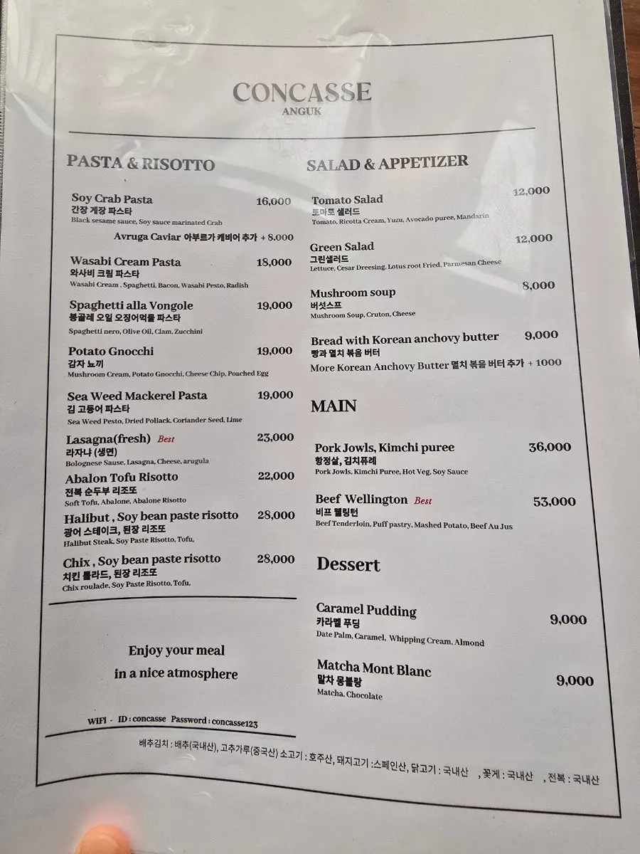 Menu listing pastas and risottos