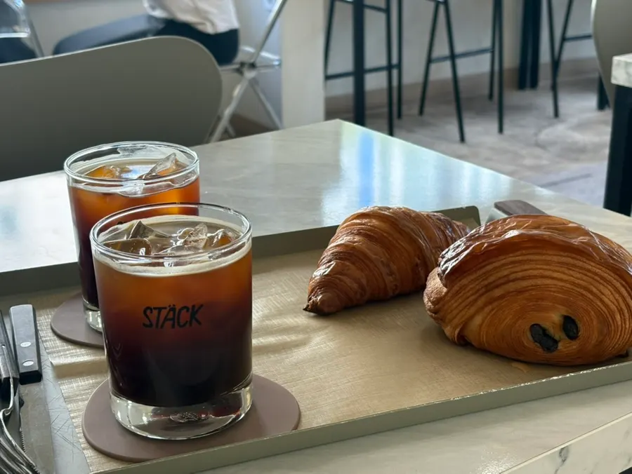Americano, pain au chocolat, and croissant