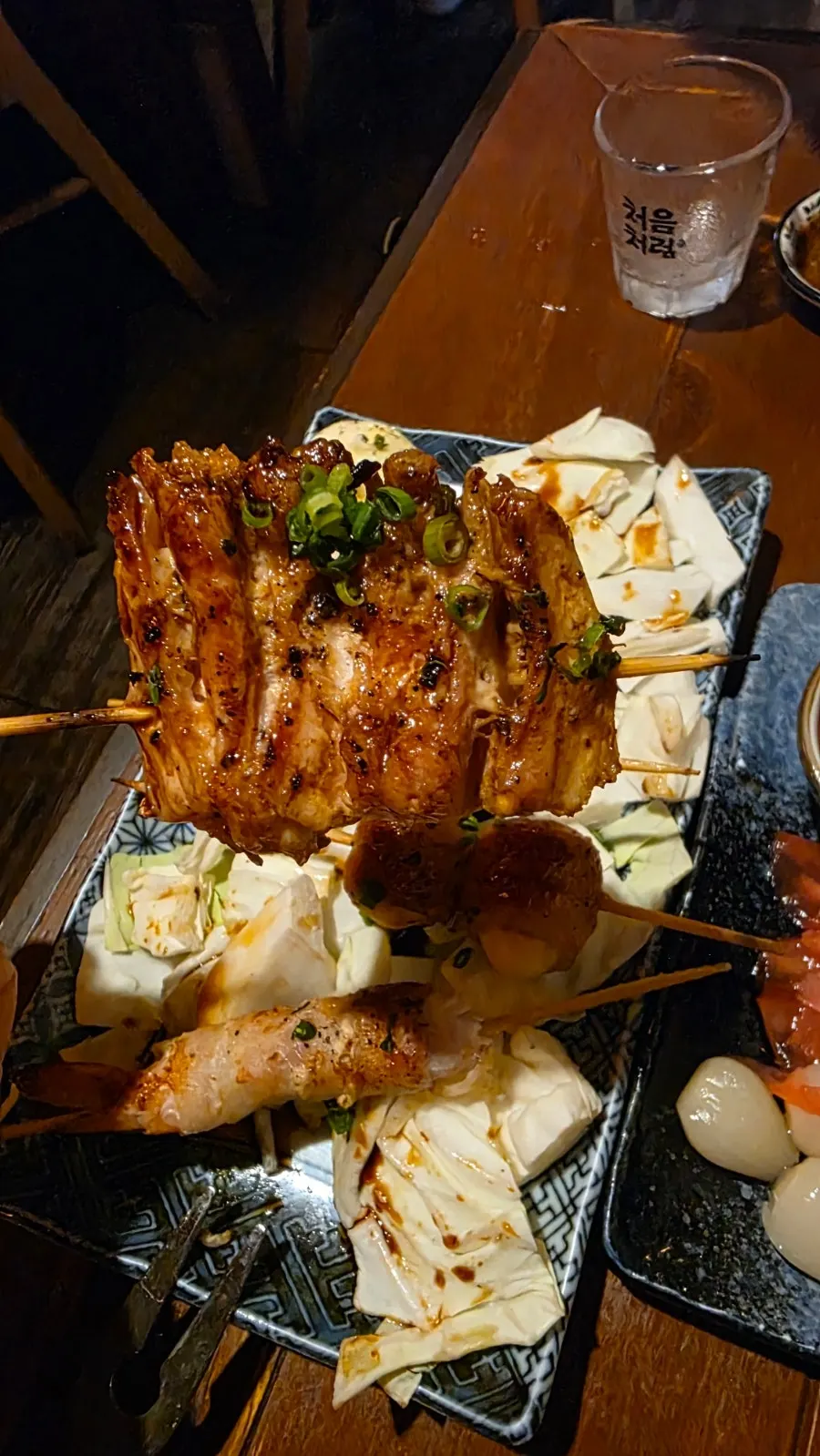 Table enjoying sashimi and skewers