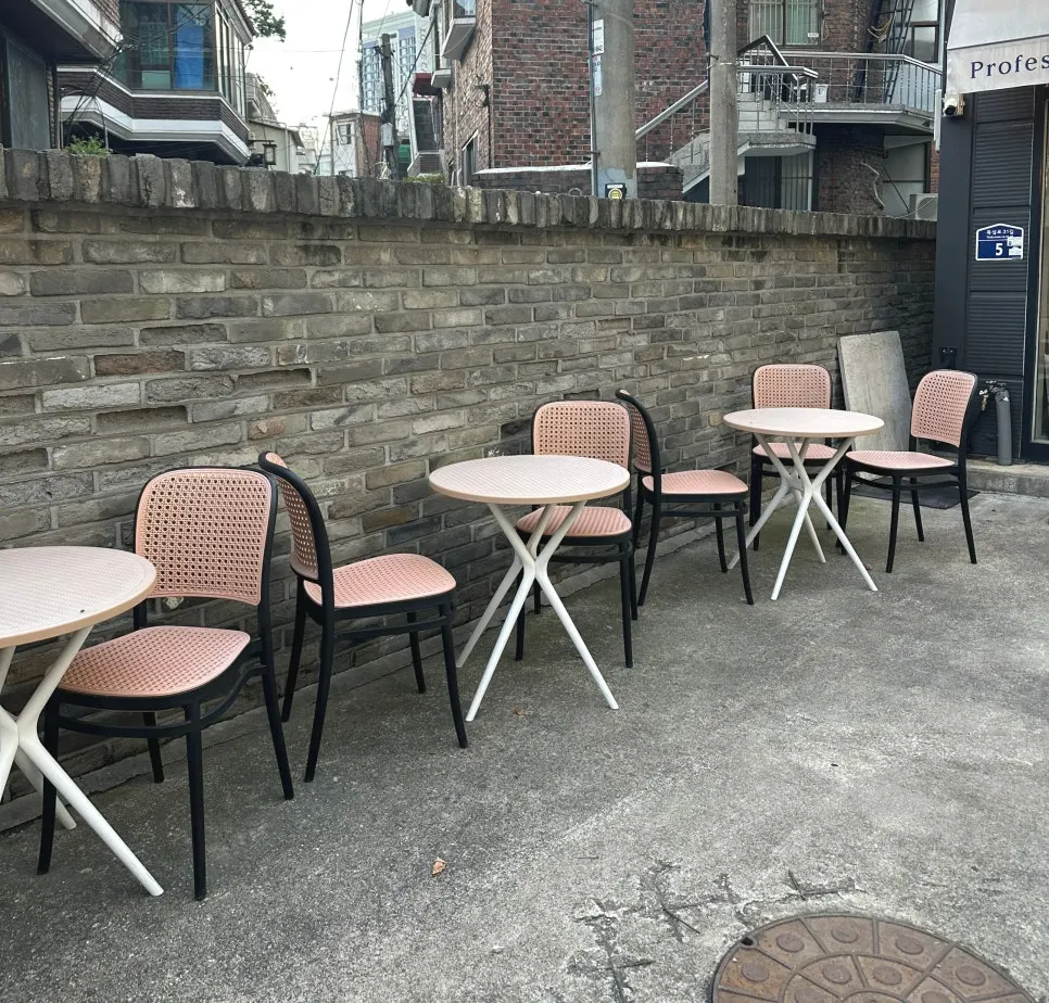 Outdoor terrace seating on the first floor of Stack Bakery