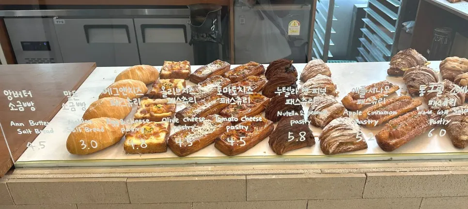 Full view of Stack Bakery's pastry display shelves