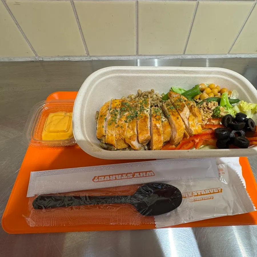 Chicken oat protein box arranged poke-bowl style