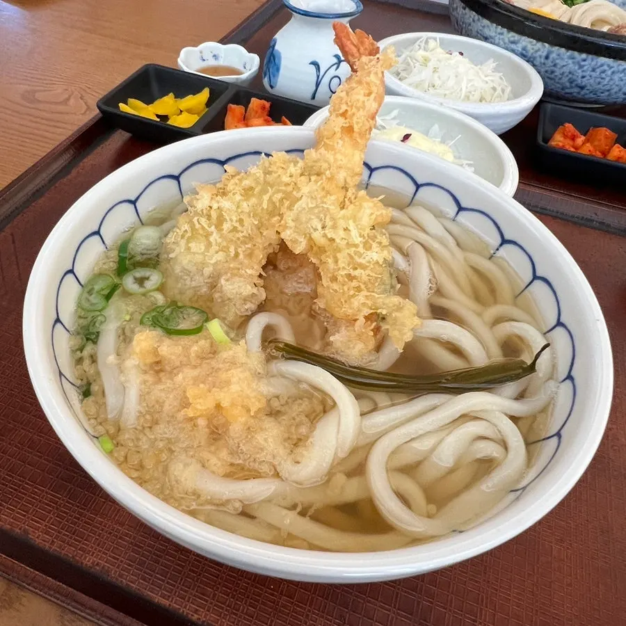 Imagen de la comida con tori-ten bukkake udon