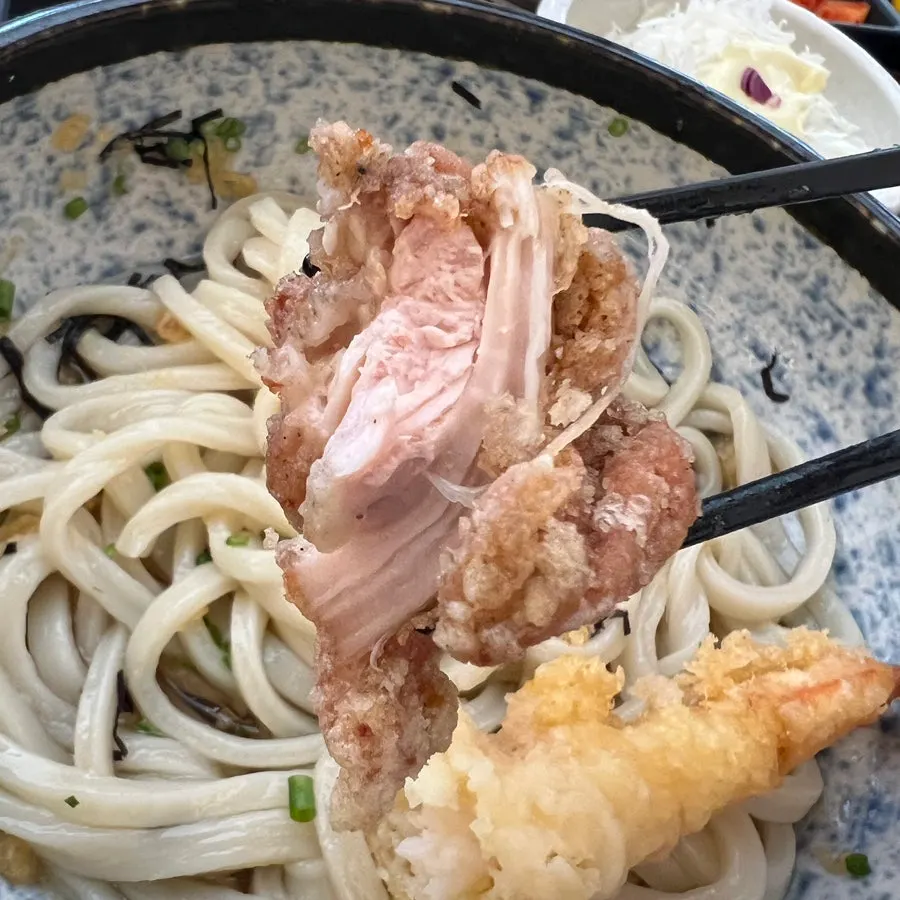 Imagen del camarón tempura y el caldo de udon