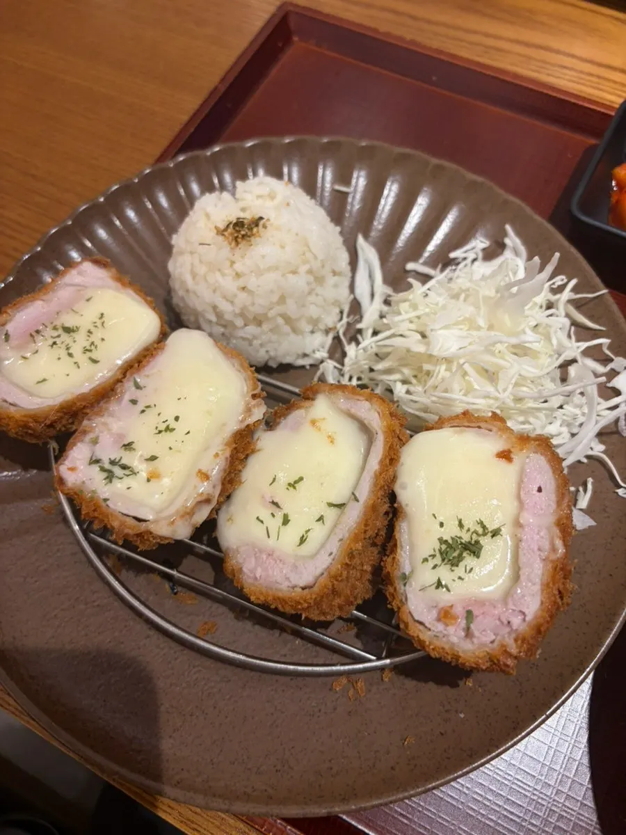 Close-up of the cheese tonkatsu plate