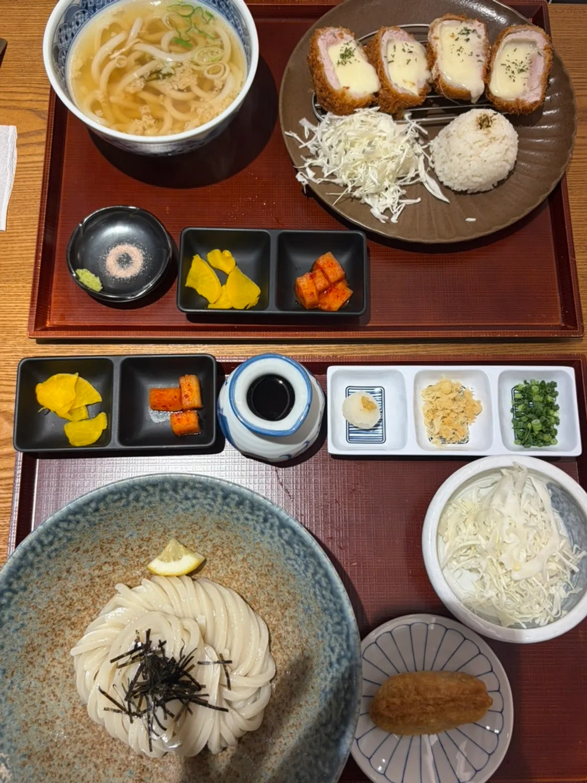 Table spread of udon and tonkatsu at Kosi Gyodae Branch
