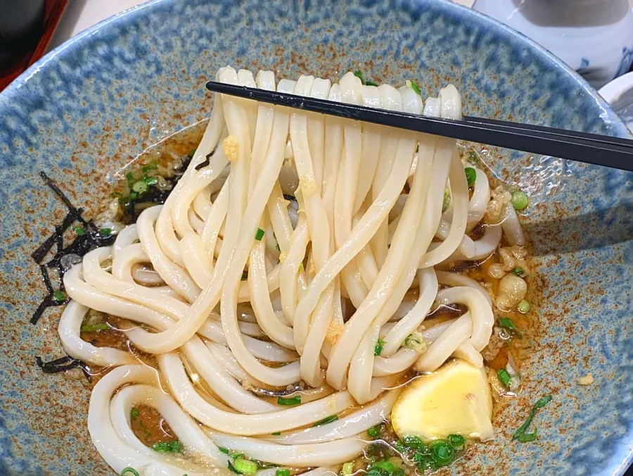 Cold udon topped with grated radish, chopped green onion, and tempura flakes