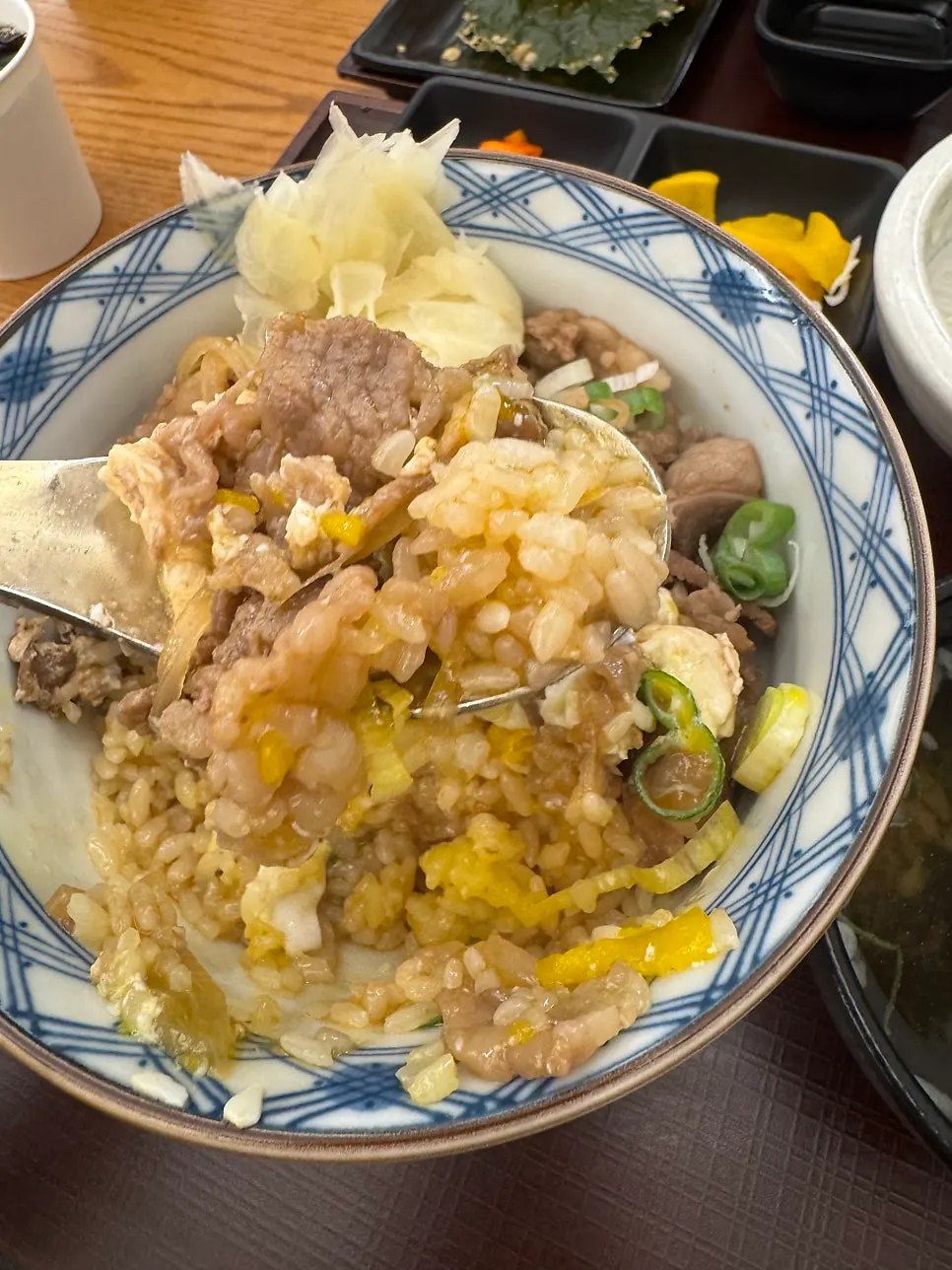 Spicy gyudon topped with beef and egg