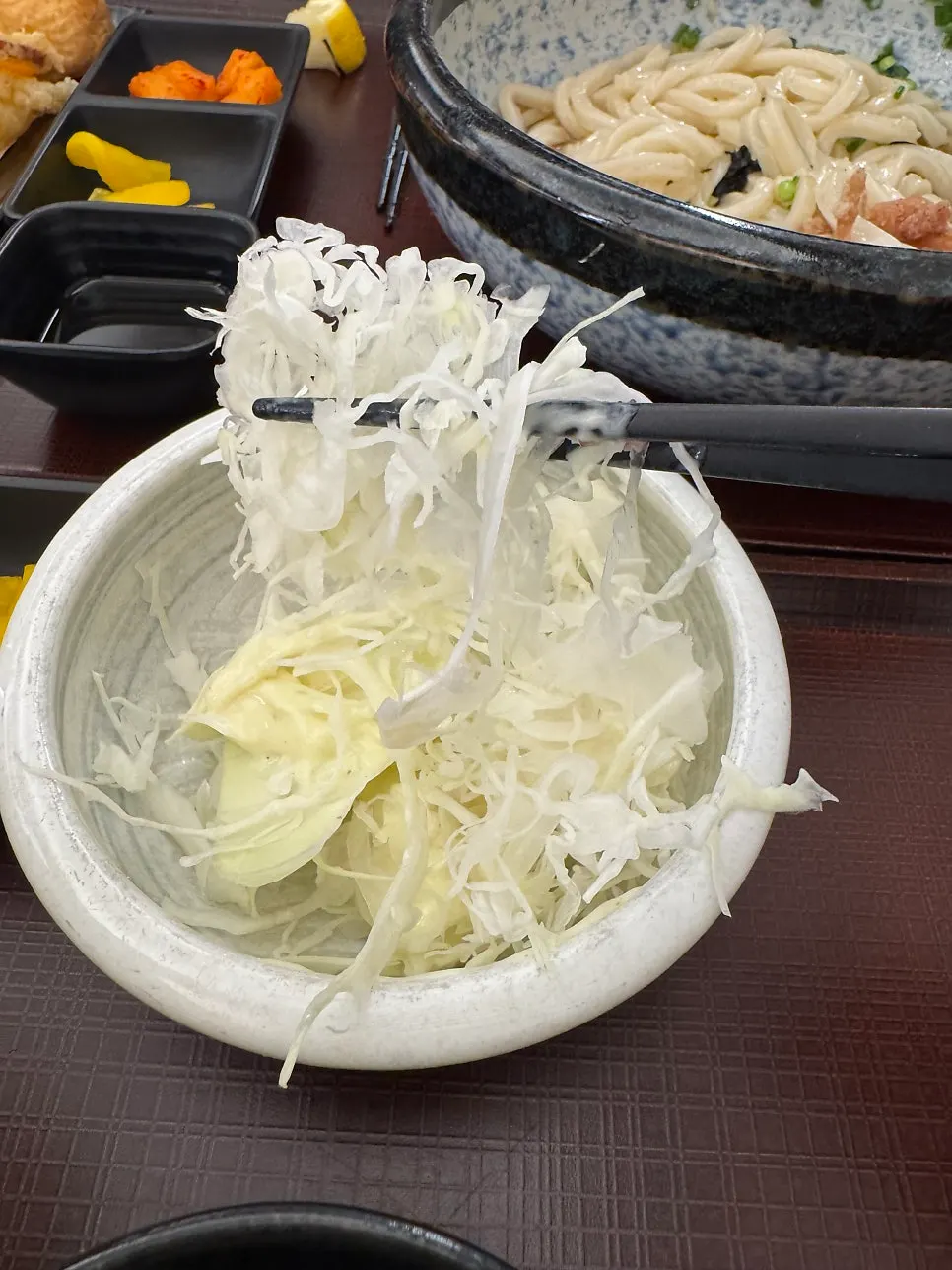 Lifting up a strand of bukkake udon noodles