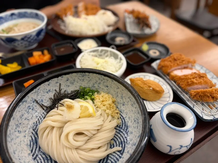 Table with udon and the added tonkatsu placed together