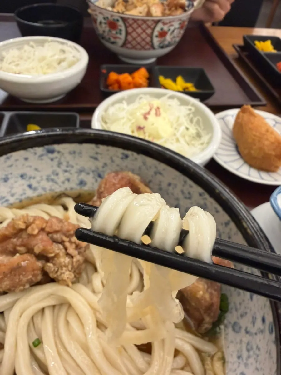 Bukkake udon after the sauce is poured on