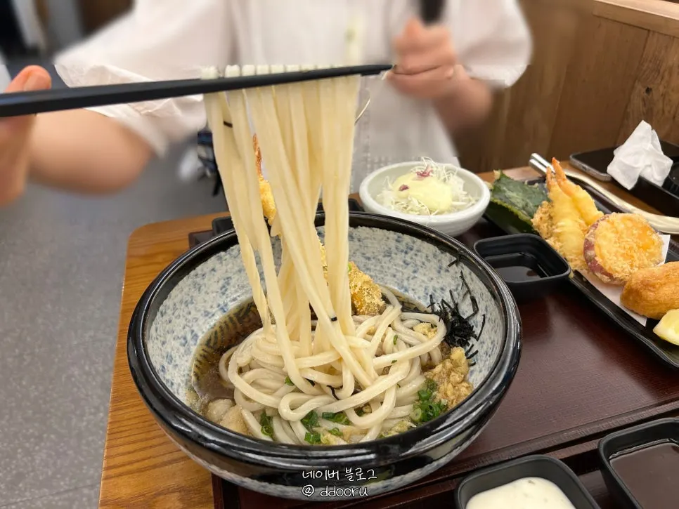 Cold udon noodles lifted with chopsticks