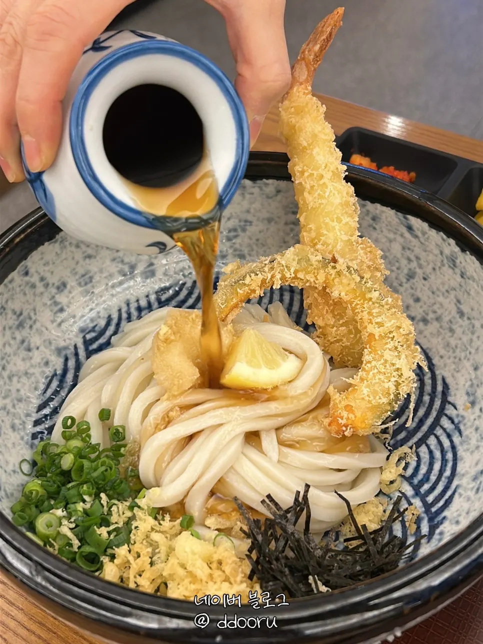 Close-up of bukkake udon with tsuyu sauce