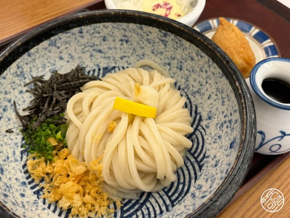 Bukkake udon topped with green onion and seaweed flakes