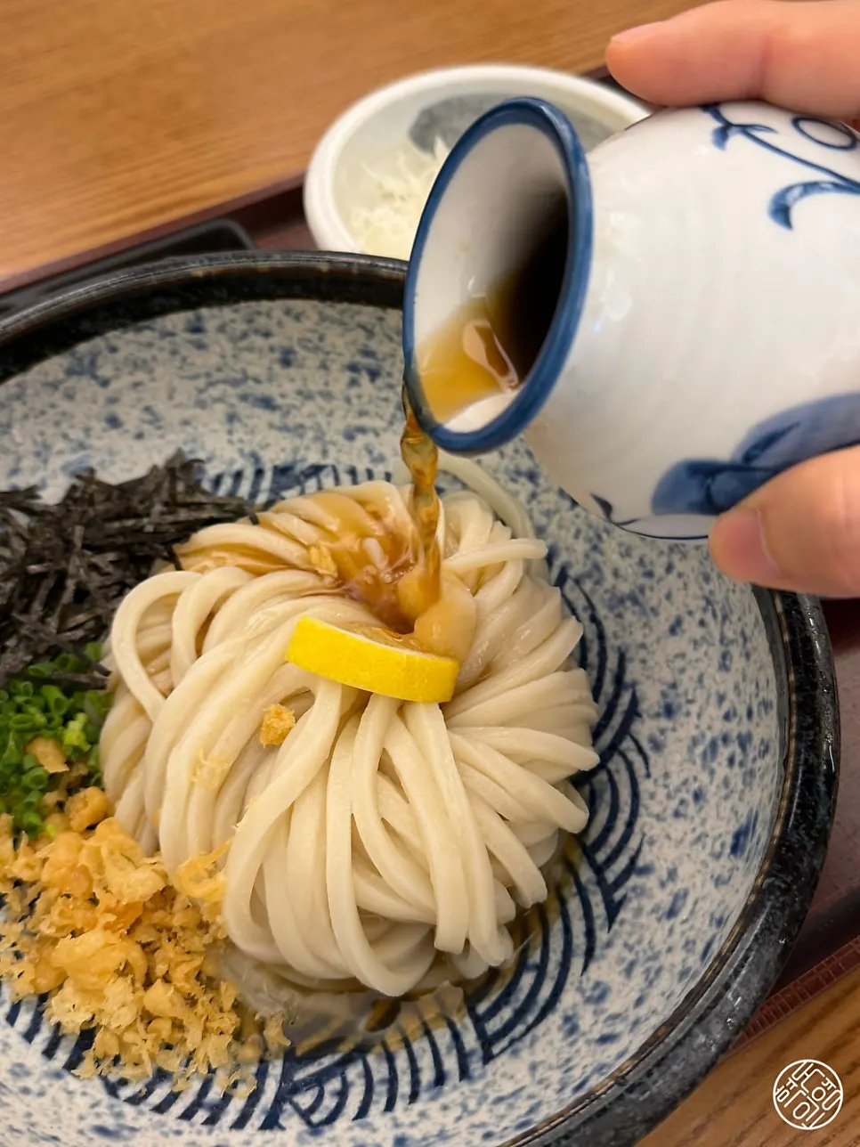 Close-up of thick bukkake udon noodles